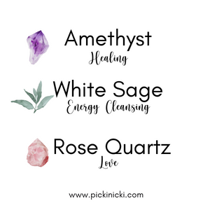 Amethyst, Clear and Rose Quartz Crystal Candle with White Sage Leaves