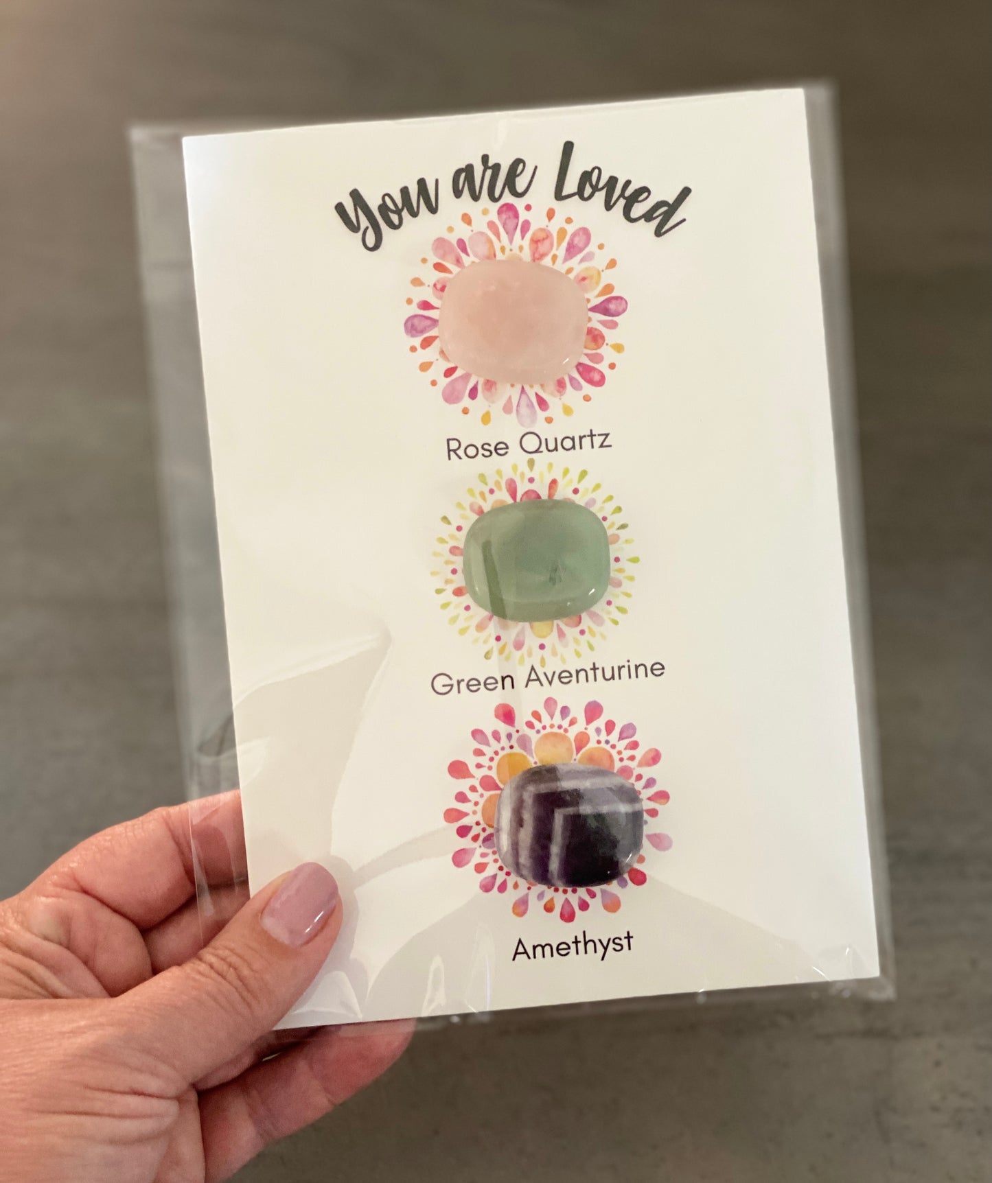 Crystal Card with Amethyst Rose Quartz & Green Adventurine