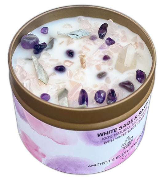 Amethyst, Clear and Rose Quartz Crystal Candle with White Sage Leaves