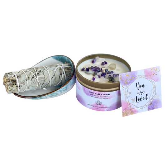 Amethyst, Clear and Rose Quartz Crystal Candle with White Sage Stick and Ceramic Abalone Dish
