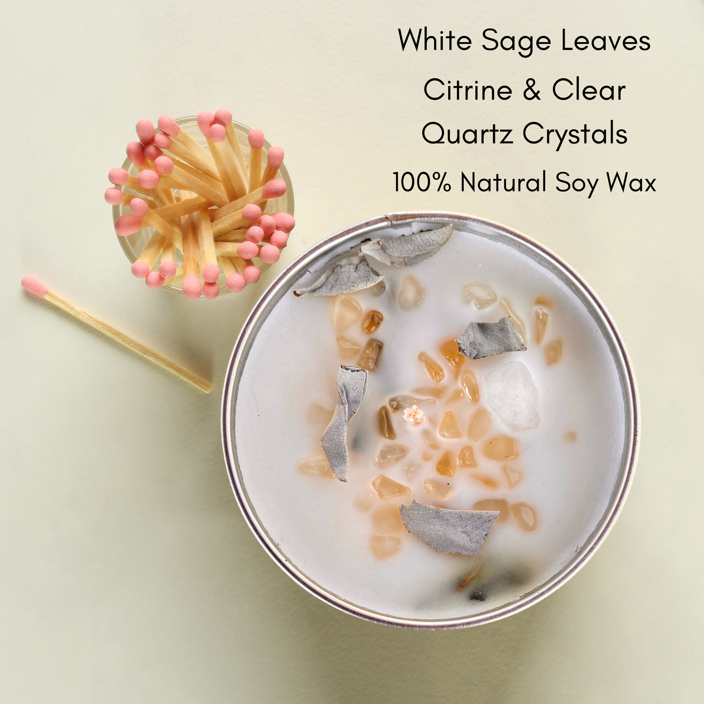 Citrine and Clear Quartz Soy Candle with White Sage Leaves