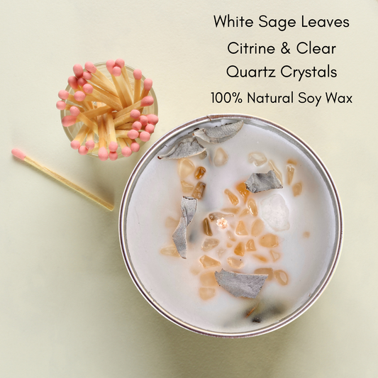 Citrine and Clear Quartz Soy Candle with White Sage Leaves