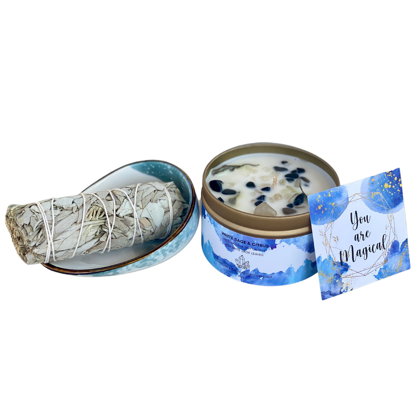 Obsidian & Clear Quartz Crystal Candles with White Sage Stick and Ceramic Abalone Dish
