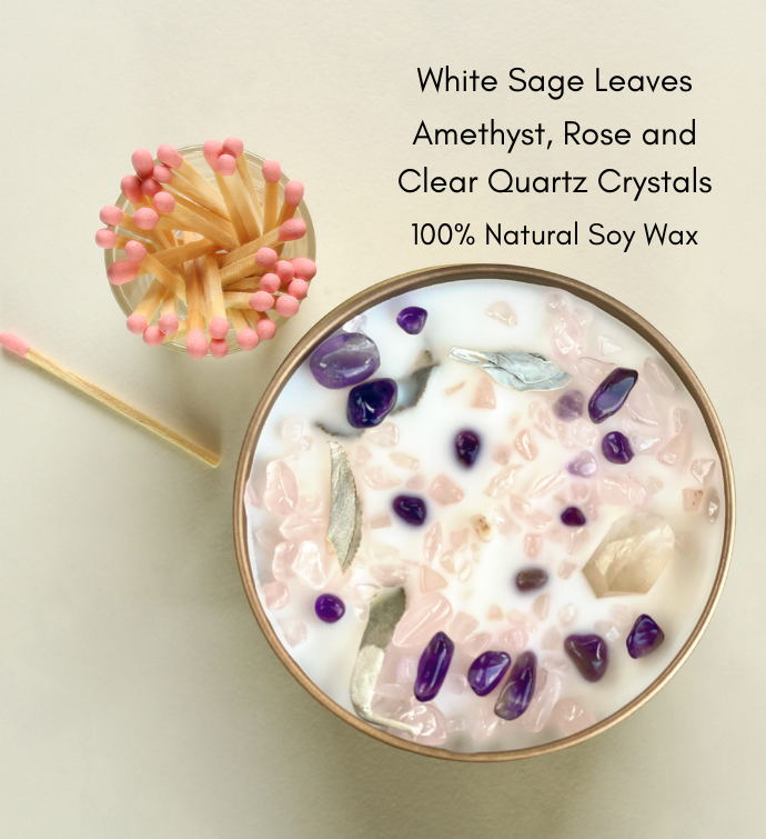 Amethyst, Clear and Rose Quartz Crystal Candle with White Sage Leaves